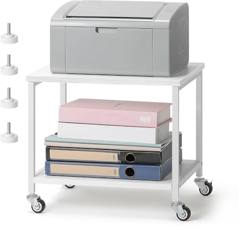smusei Printer Stand White, 2-Tier Printer Desk with Wheels, Space-Saving Wooden Desk Shelf for Office Home Office School, 42 x 30 x 35 cm