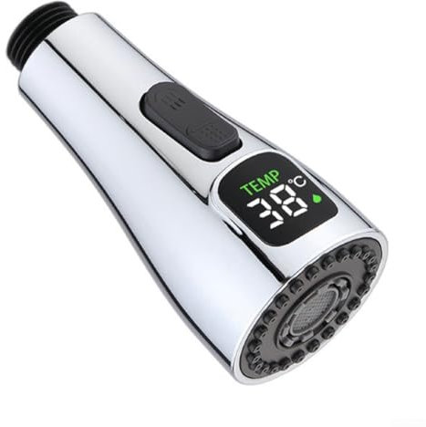Zilimontt Ugello di ricambio per rubinetto, testa per rubinetto da cucina con display digitale a LED della temperatura, doccetta estraibile per miscelatori da cucina e bagno (cromato)