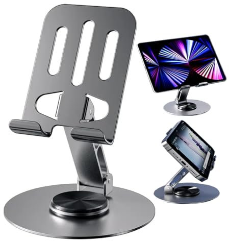 Genérico Soporte Ajustable para Móvil y Tablet – Base Giratoria 360° y Ajuste 180° – Aluminio Gris, Antideslizante y Plegable – Soporte de Escritorio Estable y Portátil para Teléfonos y Tablets