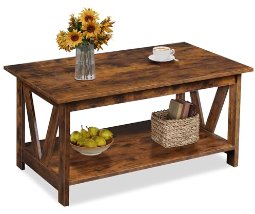 WLIVE Couchtisch Rechteckig, wohnzimmertisch Holz mit offenes Fach, V-Streben, Sofatisch Für Wohnzimmer, Schlafzimmer, vintagebraun-schwarz (V-Streben, vintagebraun-schwarz)