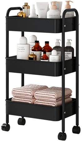 Braozaiw Chariot de rangement en métal - Chariot de rangement à 3 niveaux - Équipé de tasses et de crochets de suspension supplémentaires - Convient pour la cuisine, la salle de bain, le bureau, le