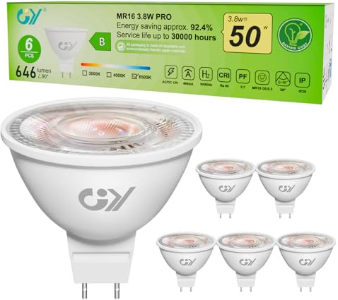 GY Lampadine LED GU5.3 MR16 12V 3.8W, 6500K Luce Fredda, 646 Lumen, Angolo 36°, Non Dimmerabile, Faretto Interni, Lampada LED a Basso Consumo, 6 Pezzi