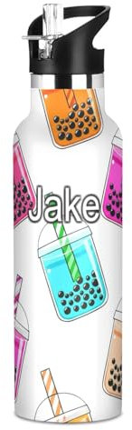 Botella de agua personalizada para niños para la escuela, botella personalizada de 20 onzas para niños y niñas, sin BPA, lindo té de burbujas de dibujos animados, blanco