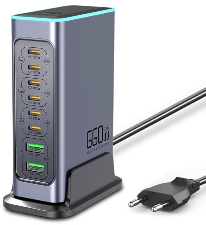Cargador USB C múltiple de 660W, Cargador rápido de 8 Puertos con tecnología GAN PD 100W Charging Station hub, Fuente de alimentación USB, Compatible con portátil, MacBook/iPad/iPhone/Samsung