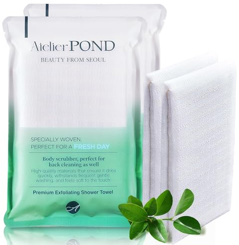 atelier POND Korean Exfoliating Washcloth 2-Pack – Exfoliating Shower Towel/Body Scrub Cloths for Deep Cleansing & Dead Skin Removal (Fresh Green – Value Set)