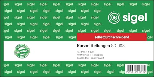 SIGEL SD008 Kurzmitteilungsblock 1/3 A4 quer, 2x40 Blatt, selbstdurchschreibend, 1 Stück, aus nachhaltigem Papier