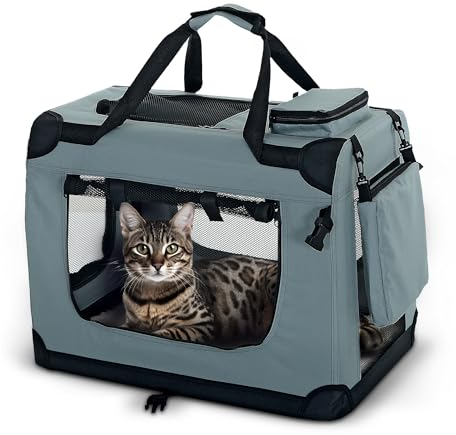 PET VIOLET Hundebox Hundetransportbox faltbar & robust für Auto & Reise – 50×34×36 cm – atmungsaktive Transportbox Transporttasche für Hunde & Katzen Stoffbox Tragetasche Grau