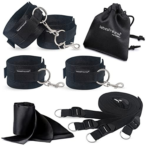 Liebesfreunde® Bondage-Set Bett Fesseln Sex-Spielzeug für Paare I Extrem stabiles BDSM Fesselset mit Bettfesseln, Handschellen, Augenbinde