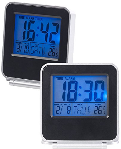 PEARL Thermometer mit Uhr: 2er-Set Kompakte digital Reisewecker, Thermometer, Kalender (Digitaluhr mit, Reisewecker klappbar, Raumthermometer)