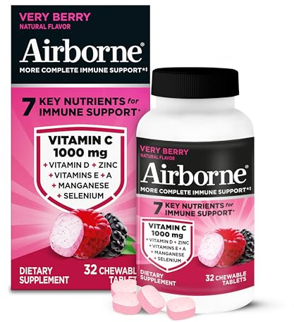 Airborne Very Berry Chewable Tablets, 32ct | Immune Support Supplement with 1000mg Vitamin C + Vitamins A, D, E, Zinc,Selenium, & Manganese | Herbal blend | Gluten Free