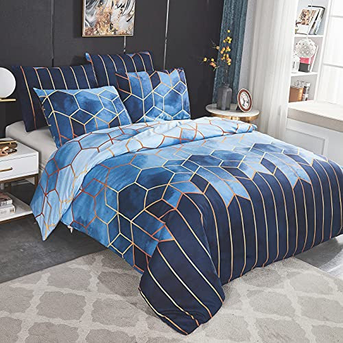 Dencalleus Bettwäsche-Set Geometrisch, 1 x Bettbezug 200x200 cm mit 2 x Kissenbezügen 50x70 cm, Weiche Bedding Set 3teilig Kuschelige Bettwäsche Set mit Reißverschluss, Blau