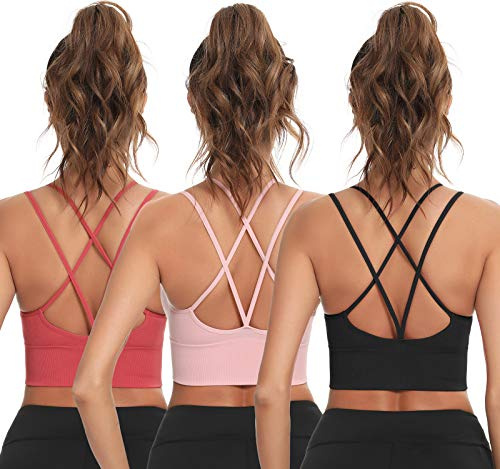 Enjoyoself dam sportbehå utan bygel push up vadderad chic bysthållare med remmar på baksidan, lätt behå topp för yoga träning, 3 svart + rosa + röd, S