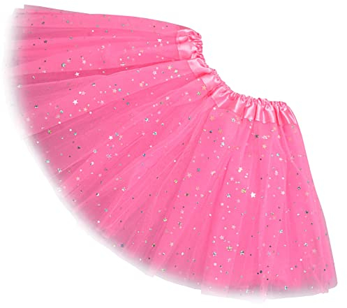 Ugitopi Damen Erwachsene Glitzernder Elastischer 4-lagiger Tüll Tutu Rock (Deep Pink)