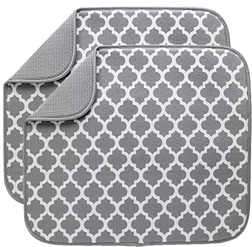 BW&HM Draining Mat Microfibre Draining Board Mats Dish Drying Mats Washing up mat for Kitchen Super Absorbent 40 x 46cm 2 Pack Grey Trellis