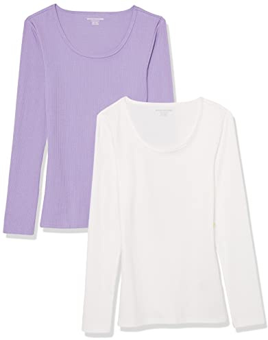 Amazon Essentials Pull côtelé à col Rond dégagé et Coupe ajustée (Disponible en Grande Taille) Femme, Lot de 2, Blanc/Lilas, S