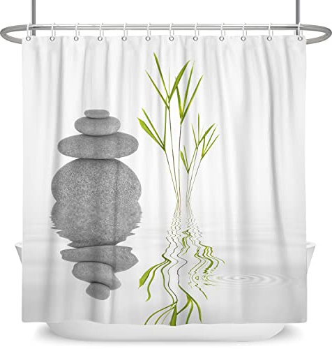SDOTPMT 120 x 180 cm - Tenda da doccia in bambù con foglie bianche Zen Meditazione per bagno in poliestere con ganci