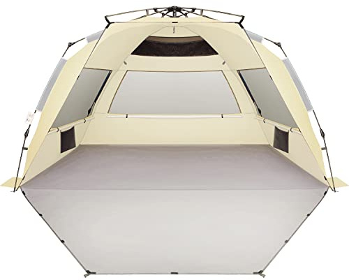Oileus XX-Large Pop Up Beach Tent Sun Shelter for 5-6 Person Portable Sun Shade Instant Tent for Beach with Carrying Bag, Stakes, 6 Sand Pockets, Anti UV for Fishing Hiking Camping Khaki