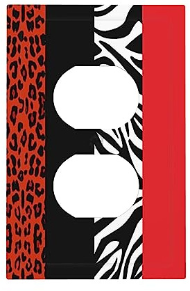 Red Black Modern Geometric Cheetah Zebra Leopard Print 1 Gang Duplex Receptacle Switch Wall Plate Jumbo Electrical Outlet Covers Receptacle Plug Covers Socket Faceplate Animal Skin Art Bathroom Decor