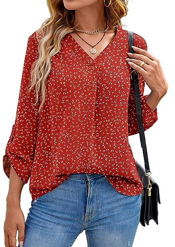 Yommay Blouses for Women Elegant Chiffon Blouses Tops Lovely Comfortable Long Sleeve Tops V Neck Business Work Shirts,Flower Wine Red,XL