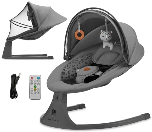 Kinderkraft Hamaca LUMI 2, Columpio eléctrico para bebés, Desde el nacimiento hasta los 9 meses, Altura regulable, 5 modos, 12 melodías, Arco con juguetes, Gris oscuro