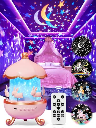 Carousel Night Light for Kids, 15 Music+15 Films+315 Colors Star Projector for Kids Night Light Projector,360°+Remote+1200mah Unicorn Toys for Girls Room Decor,Educational Learning Toys, Girls, Baby