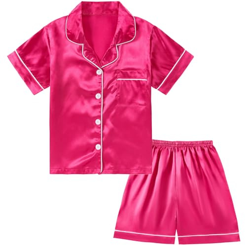 DIPUG Girls Pajamas Satin Pajama Set Silk Pjs Short Sleeve Sleepwear(Hot Pink)