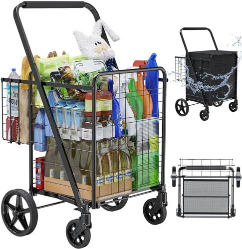 Carrito de compras plegable con bolsa impermeable, carrito de comestibles con parte inferior de malla cifrada, cesta doble de 23 galones y ruedas giratorias de 360°, carros de compras resistentes de