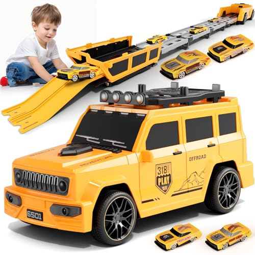 Varrotoy Camion Giocattolo per Bambini,Camion Trasporto Portatile,Pista Macchinine con 4 Auto da Corsa,Regalo Bambini 3 Anni per Compleanni e Natale,Gialla