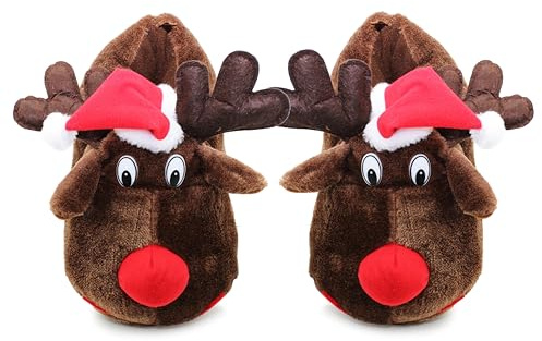 IMTY Mens Christmas Reindeer Slippers Plush House Shoes Novelty Festive Character Fun Xmas Furry Slippers (Brown, UK Footwear Size System, Adult, Men, Numeric, Medium, 8)
