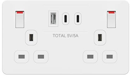 LIDER 2-Gang Switched 13A Double Socket with USB TYPE C & A Charger Ports, 25W Combined Output, Always-On USB, Child Safe, Low Energy Standby, Glossy Finish, White (Use a 35mm-deep back box)