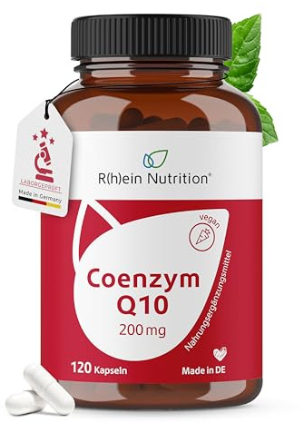 Rhein Nutrition Coenzym Q10 200mg | Q10 Kapseln Hochdosiert 120 vegane Kapseln für 4 Monate | 200mg Ubiquinon mit hoher Bioverfügbarkeit | vegan und ohne Zusatzstoffe | Laborgeprüft in Deutschland