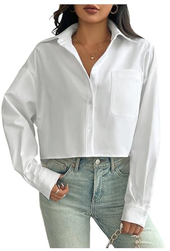 GORGLITTER Women's Long Sleeve Button Down Cropped Blouses Loose Collared Neck Work Office Shirts with Pocket White Medium