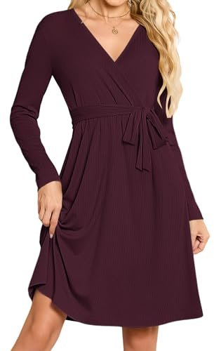 MOLERANI Women Long Sleeve Dress Winter V Neck Ladies Dress Midi Lightwight Casual Jumper Dresses with Pockets Wine Red M