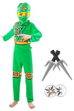 Aegisdorn Costume de ninja pour enfants en mélange de coton, ensemble de déguisement d'Halloween unisexe avec accessoires, 4 à 12 ans (vert, 120 ans)