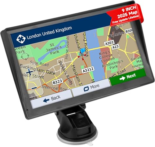 9 inch GPS Navigator Sat Nav for Car, Truck, with UK Europe Maps, Lifetime Free Updates, Support Postcode Search and Voice Guidance, Speed Camera Alert, Lane Guidance Assist, POI