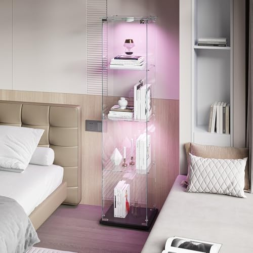 Yeutre vitrina de cristal con LED para colección, moderno armario acristalado, colección negra con 4 estantes y 1 puerta de cerradura, vidrio templado, vitrina transparente para sala de estar