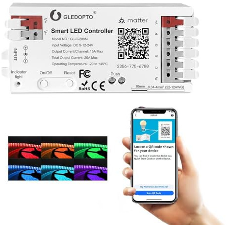 GLEDOPTO Controller LED Matter RGBCCT con Regolazione PWM ACK Alexa Connect Compatibile con Matter Echo Device APP Controllo Vocale 20 A max per Striscia luminosa RGBCCT (Richiede Hub Matter) (208M)