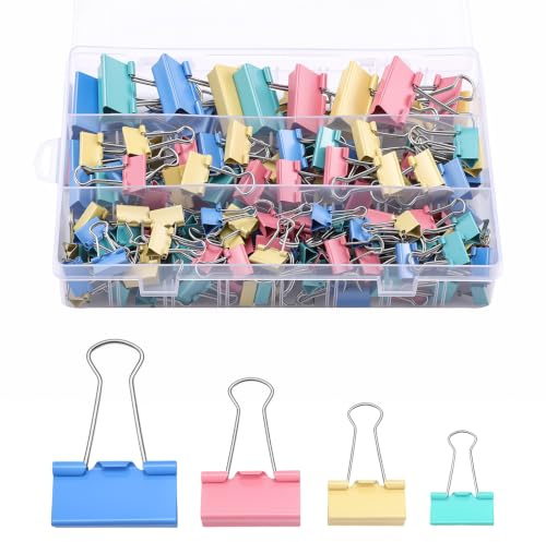 180 Pcs Binder Clips, Assorted Sizes (32mm 25mm 19mm 15mm) | Metal Foldback Clips, Durable Colored Clips for Office, Home, School, Photo Holding, Kitchen Food Bag Sealing