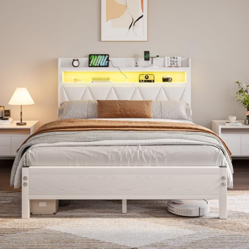 VERFARM 4ft6 Double Bed Frame with LED Lights, White | Storage Upholstered Headboard, Charging Station, Solid Metal Platform, No Box Spring Needed, Noise Free
