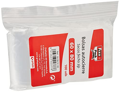 Fixo Pack 50063100－Pack de 100 bolsas de Polietileno, Transparente, con autocierre, 60 x 80 mm