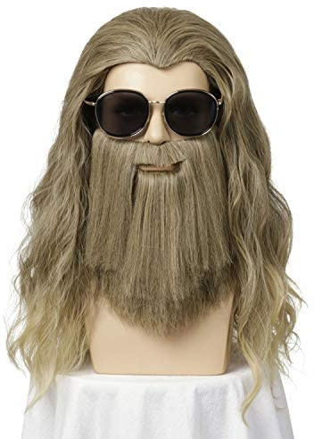 Peluca larga y rizada de color marrón dorado FVCENT para adultos y hombres, peluca para disfraz, Cosplay, fiesta de Halloween, peluca + barba (Lino dorado)