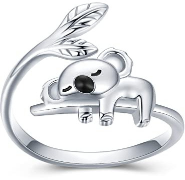 Anello da donna in argento Sterling 925 con simpatico koala, aperto, regolabile, per ragazze