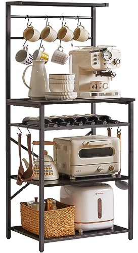 YMYNY Kitchen Baker's Rack, Microwave Oven Stand with Storage Shelves, Industrial Coffee Bar Station, with Adjustable Wine Holders and S-Hooks, Metal Frame, Black, 59 x 40 x 143CM HBR001B