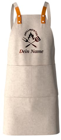 Grillschürze personalisiert mit Motiv & Wunschtext bestickt - Individuell personalisierte Kochschürze aus hochwertiger Baumwolle als besonderes Geschenk (Beige)