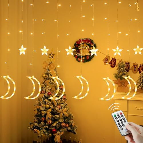 Qillnyy 138 LED Rideau lumineux ramadan, 5,5M/8 Modes guirlande lumineuse étoile lune pour Extérieur/Intérieur,étanche IP65 et Fonction Mémoire pour Ramadan,Chambre,Balcon décorations