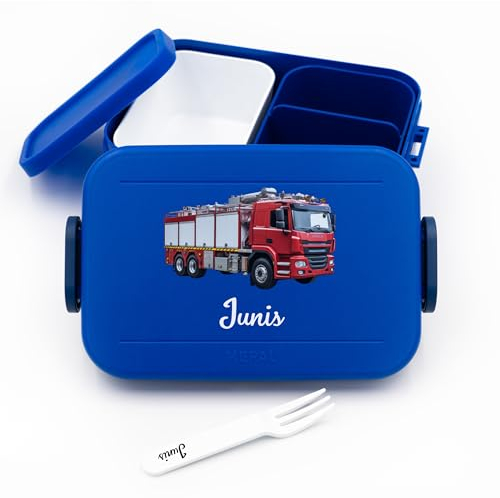 Geschenkfreude Personalisierte Feuerwehr Brotdose Kinder für Mepal - Lunchbox Kinder mit Trennwand Name, Kindergarten, Schule - Alles für den Schulanfang - Feuerwehrauto - Brotdose mit Namen