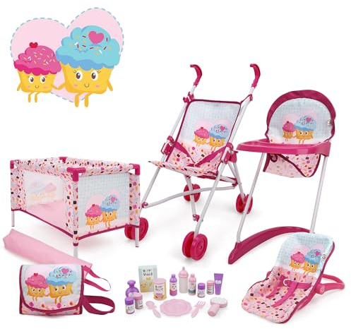 509 Crew Cup Cake Rosa, 21 piezas, juego de muñecas Stroll n Play & Care: cochecito, cama de viaje, balancín, trona, accesorios de alimentación y aseo