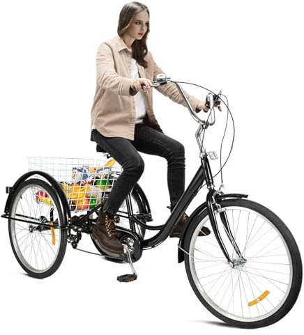 DAOHHFO 24 tum 8-växlad vuxen 3-hjuls cykel trehjuling vuxen trehjuling av kolstål med korg för vuxna, lämplig för stadens rörlighet och shoppingturer