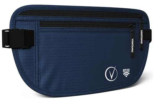 Vantamo Marsupio Uomo & Donna Ultrapiatto con protezione RFID, Marsupio Antiscippo con Cintura Regolabile, Ideale per Corsa e Escursioni e Viaggi, Leggero Cintura Portasoldi Sicuro