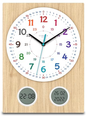 Cander Berlin MNU 11130 S Horloge murale silencieuse pour enfant 35 cm Horloge d'apprentissage numérique analogique sans bruit de tic-tac Placage en bois